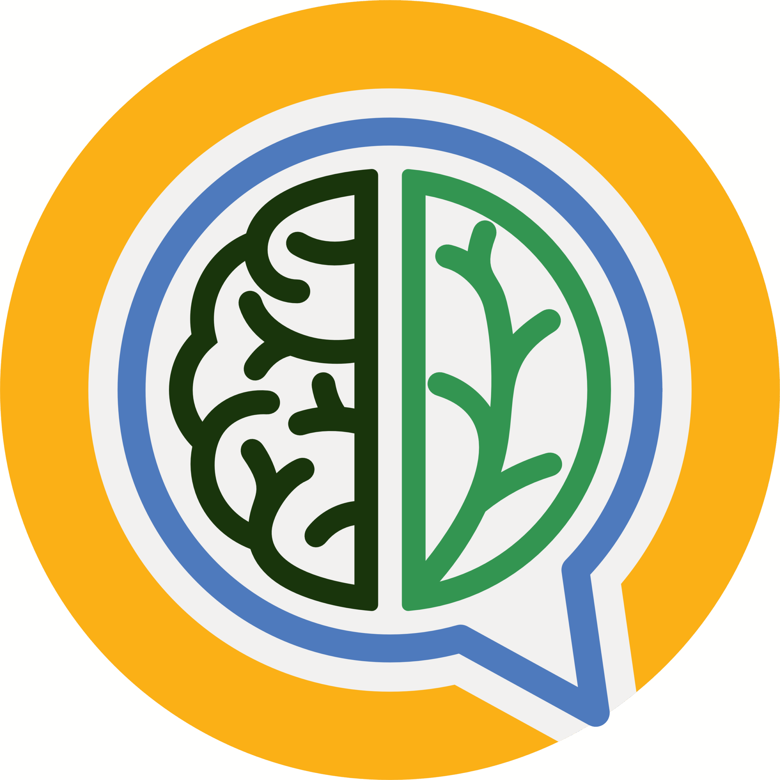 sprouted mind project logo outline of a brain hemisphere and a leaf fill a speech bubble
